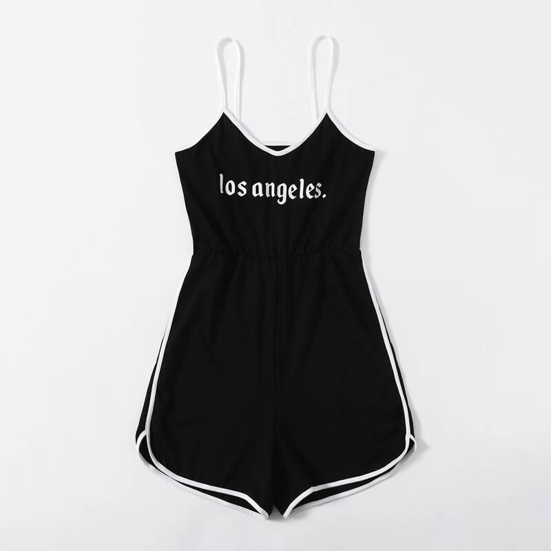 

Letter Contrast Binding Romper, Black