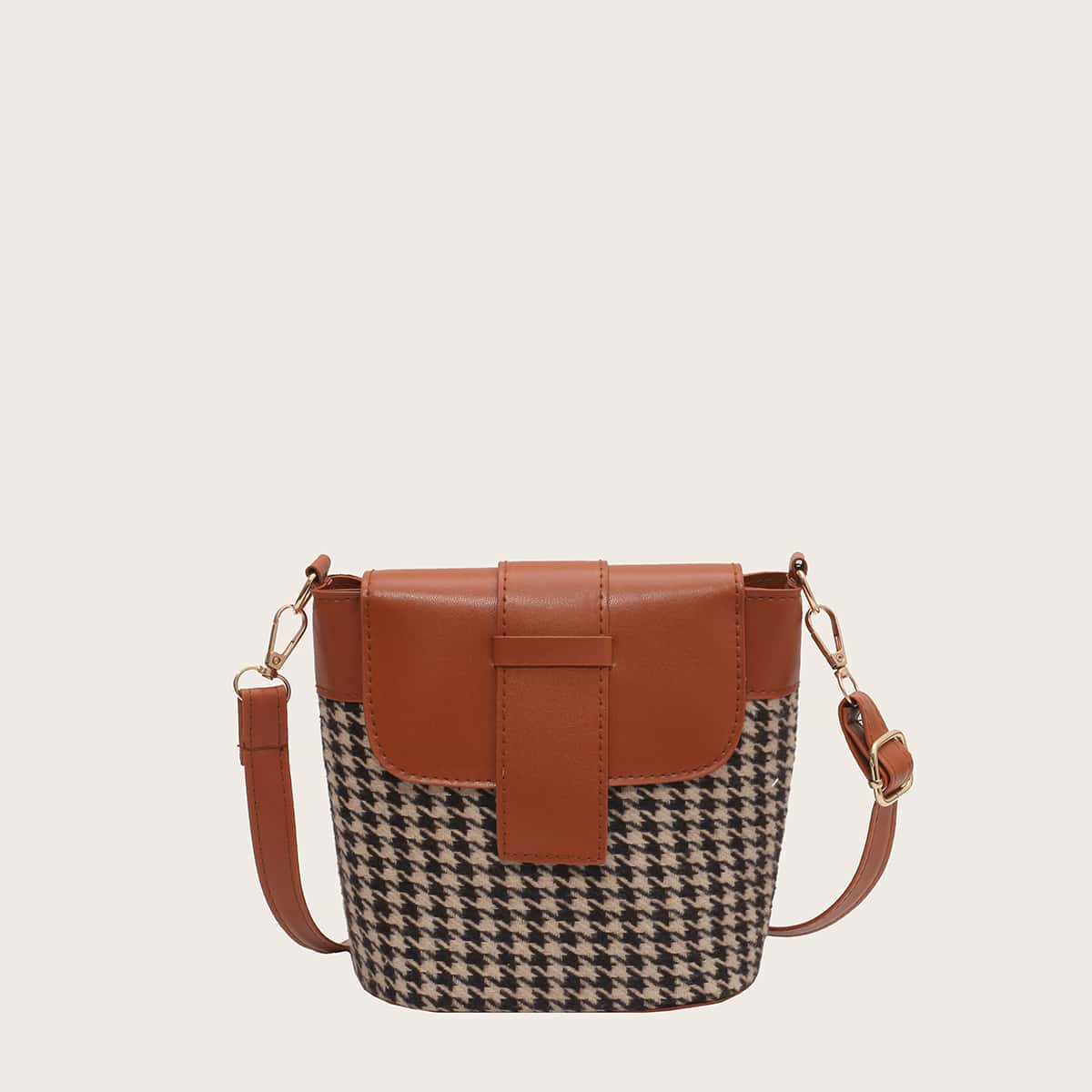 

Houndstooth Bucket Bag, Brown
