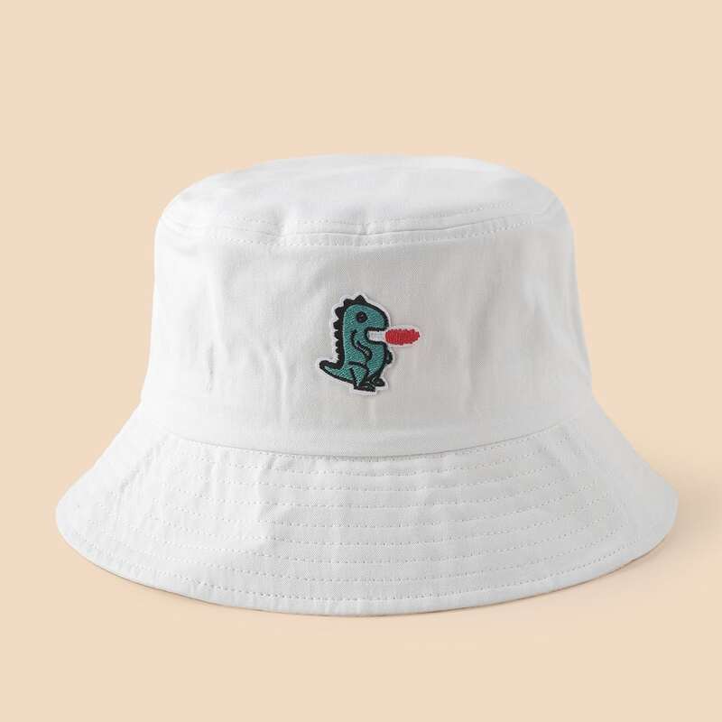 

Cartoon Dinosaur Embroidery Bucket Hat, White