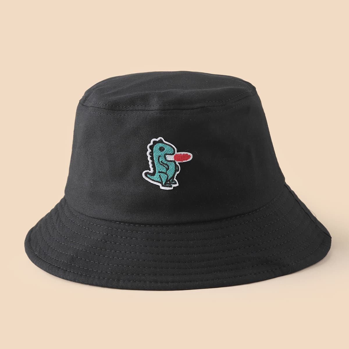

Cartoon Dinosaur Embroidery Bucket Hat, Black