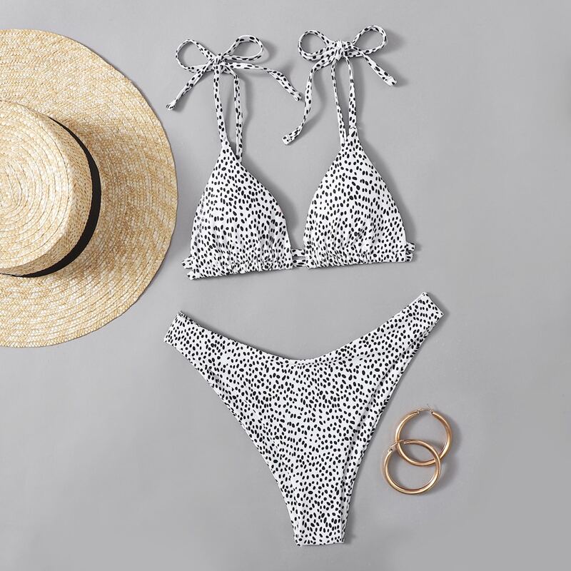 

Dalmatian Tie Shoulder Bikini Swimsuit, Black and white