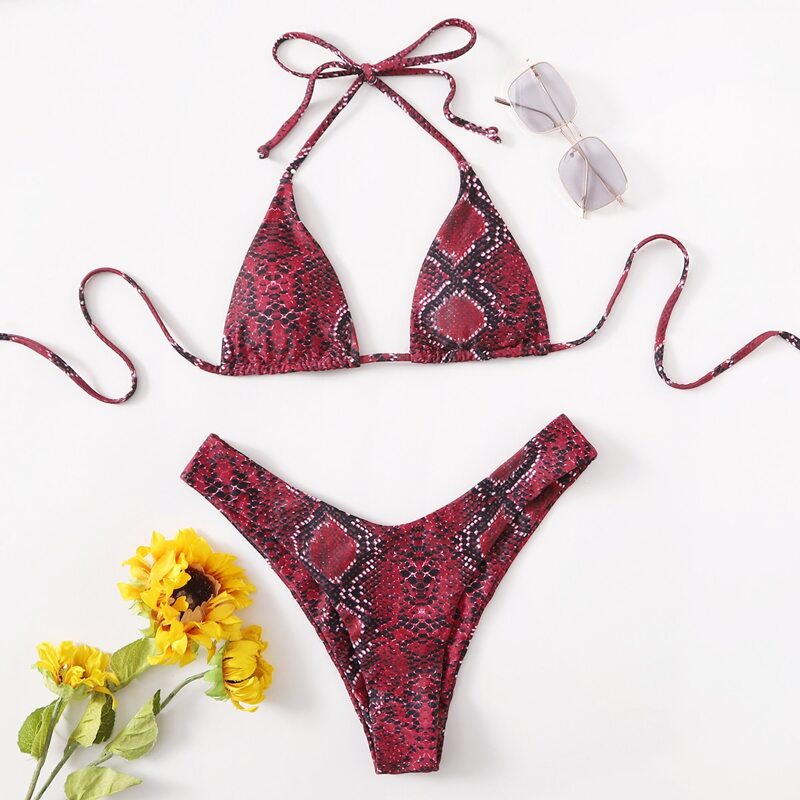 

Snakeskin Print High Leg Bikini Swimsuit, Multicolor