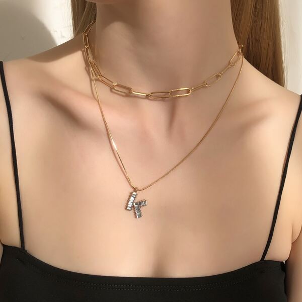 

Rhinestone Letter Charm Layered Necklace, Gold