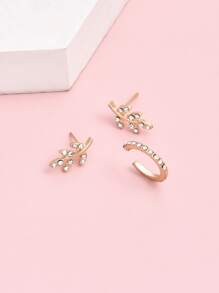 3入組水鑽葉子設計耳環 - 金黃色 - 查看 2