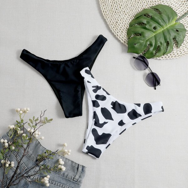 

2pack Cow Print Bikini Panty, Black and white
