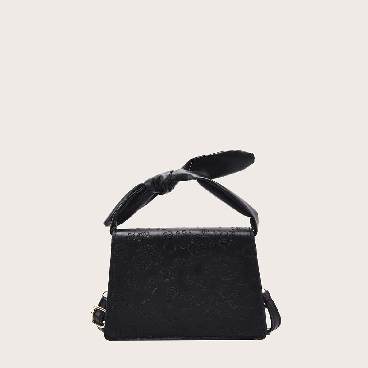 

Cartoon Embossed Knot Handle Satchel Bag, Black