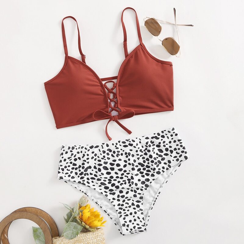 

Dalmatian Lace-up Detail Bikini Swimsuit, Multicolor