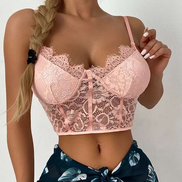

Floral Lace Longline Bralette, Pink