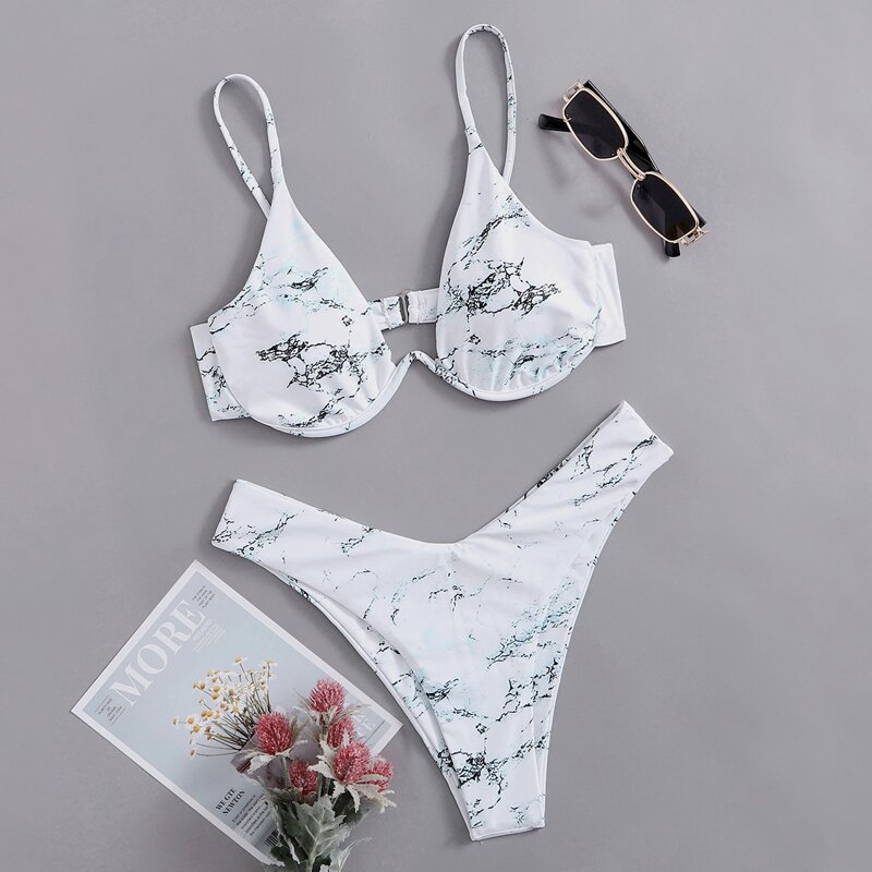 

Marble Pattern Underwire Bikini Swimsuit, Black and white