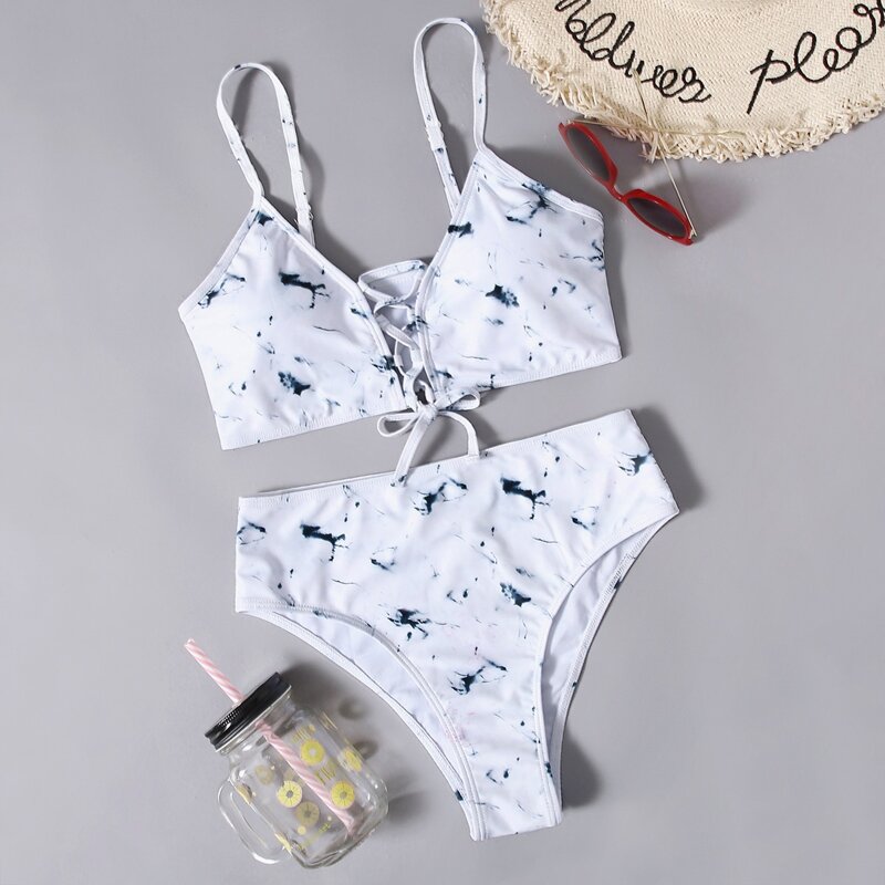 

Marble Lace-up Front Bikini Swimsuit, White