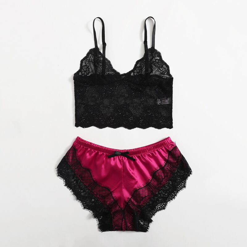 

Floral Lace Bralette & Satin Shorts Lingerie Set, Multicolor