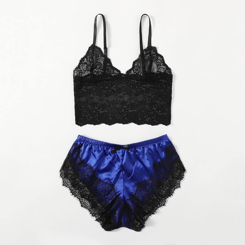 

Floral Lace Bralette & Satin Shorts Lingerie Set, Multicolor