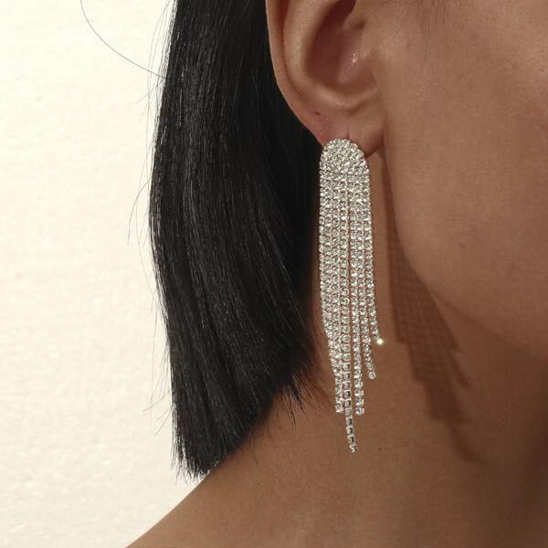 

Rhinestone Tassel Design Drop Earrings, Silver