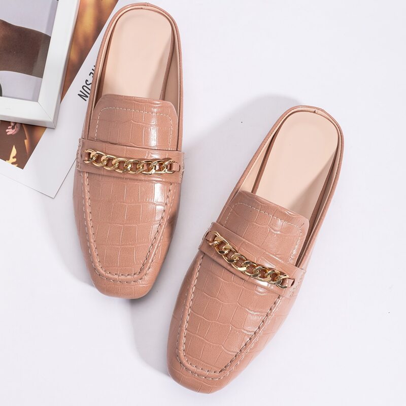 

Croc Embossed Chain Flat Mules, Baby pink
