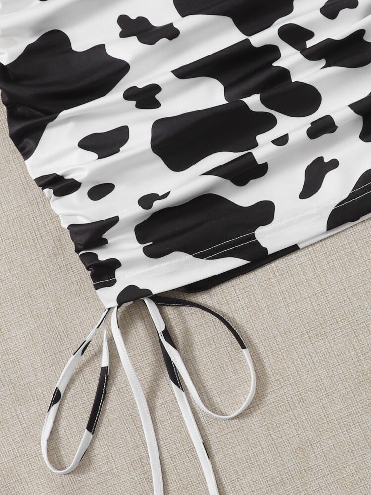 cow print ruched dress Ruched Drawstring Knot Cow Print Bodycon Dress