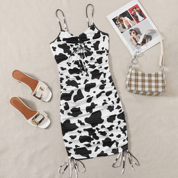 

Drawstring Ruched Cow Print Dress, Black and white