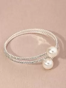 NAIZHU Rhinestone & Faux Pearl Decor Bangle - Silver - View 2