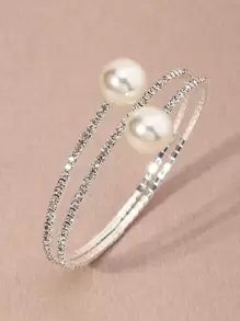 NAIZHU Rhinestone & Faux Pearl Decor Bangle - Silver - View 3