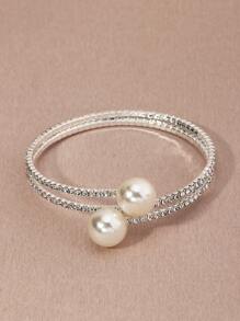 NAIZHU Rhinestone & Faux Pearl Decor Bangle - Silver - View 4