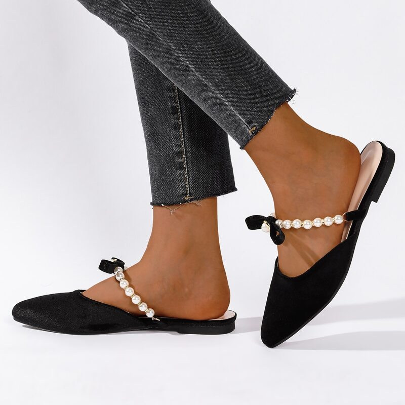 

Faux Pearl Strap Flat Mules, Black