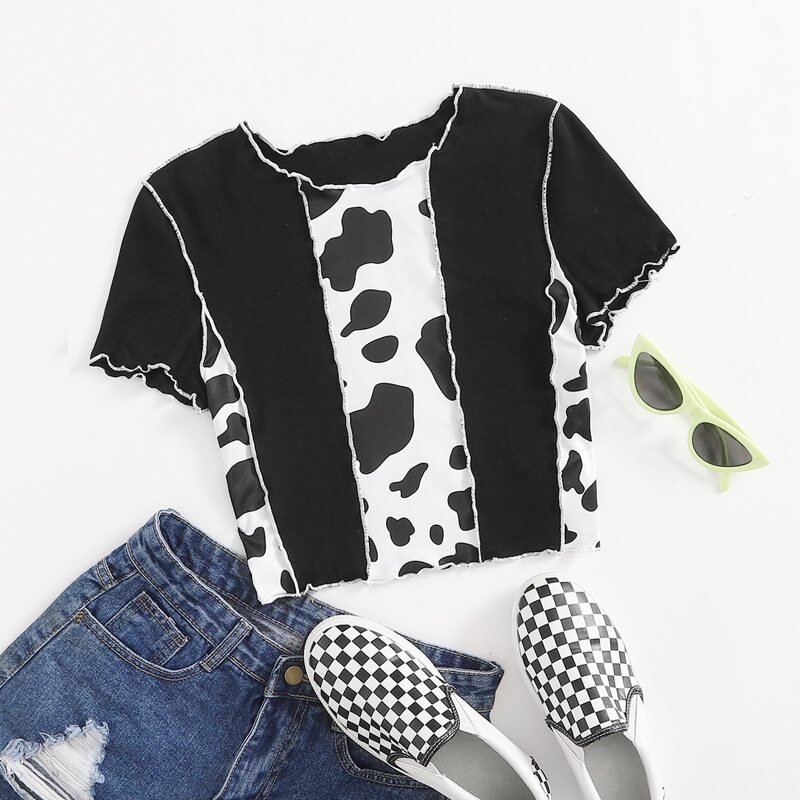 

Cow Print Seam Front Tee, Black and white