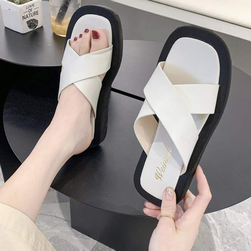 

Criss Cross Strap Slides, White