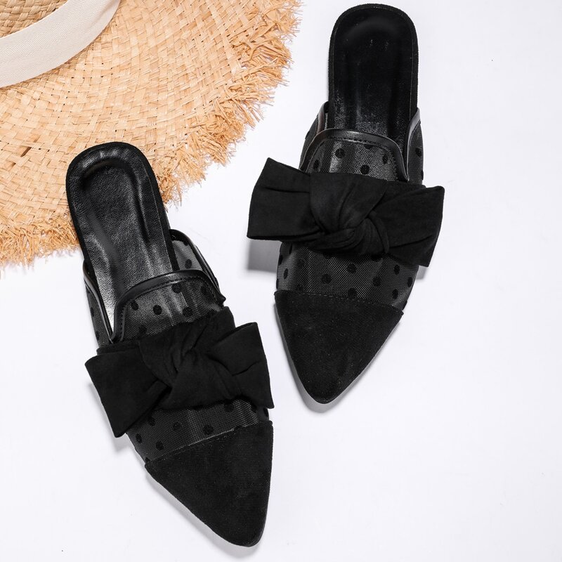

Bow Knot Polka Dot Mesh Flat Mules, Black