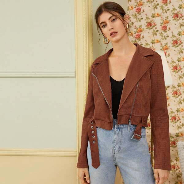 

Lapel Neck Suede Belted Moto Jacket, Rust brown