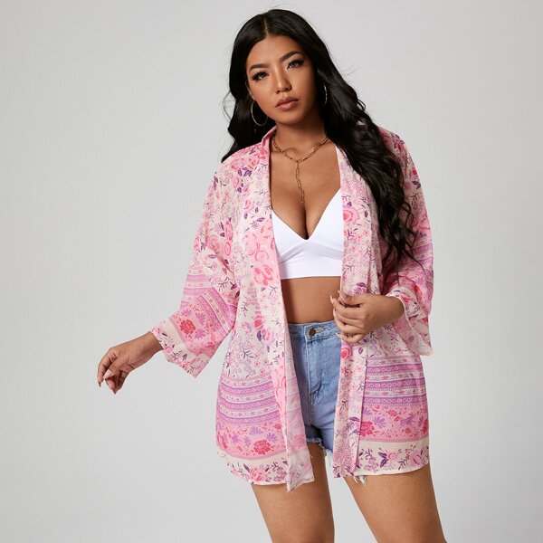 

Plus Floral Print Batwing Sleeve Kimono, Baby pink