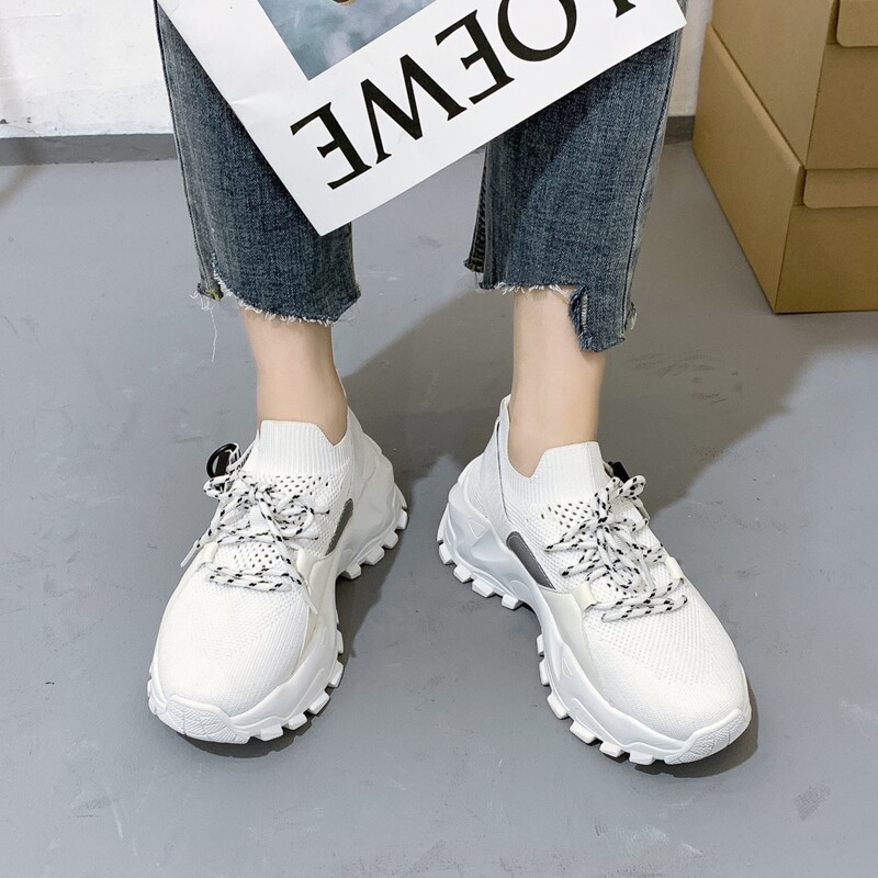 

Letter Buckle Lace-up Chunky Sneakers, White