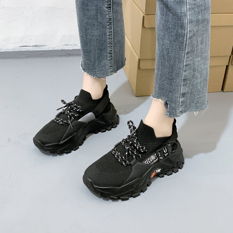 

Letter Buckle Lace-up Chunky Sneakers, Black