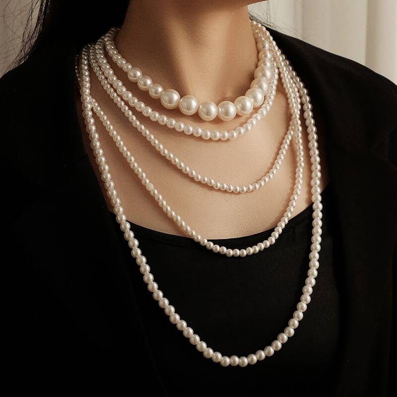 

Faux Pearl Beaded Layered Necklace, White
