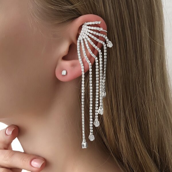

1pc Rhinestone Tassel Decor Ear Cuff & 1pc Stud Earring, Silver