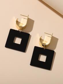 1对极简方形水滴耳环，黑色亚克力和金色C形耳环，现代几何造型饰品 - 黑色 - 查看 1