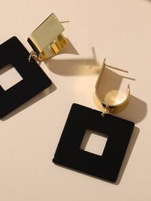 1对极简方形水滴耳环，黑色亚克力和金色C形耳环，现代几何造型饰品 - 黑色 - 查看 3