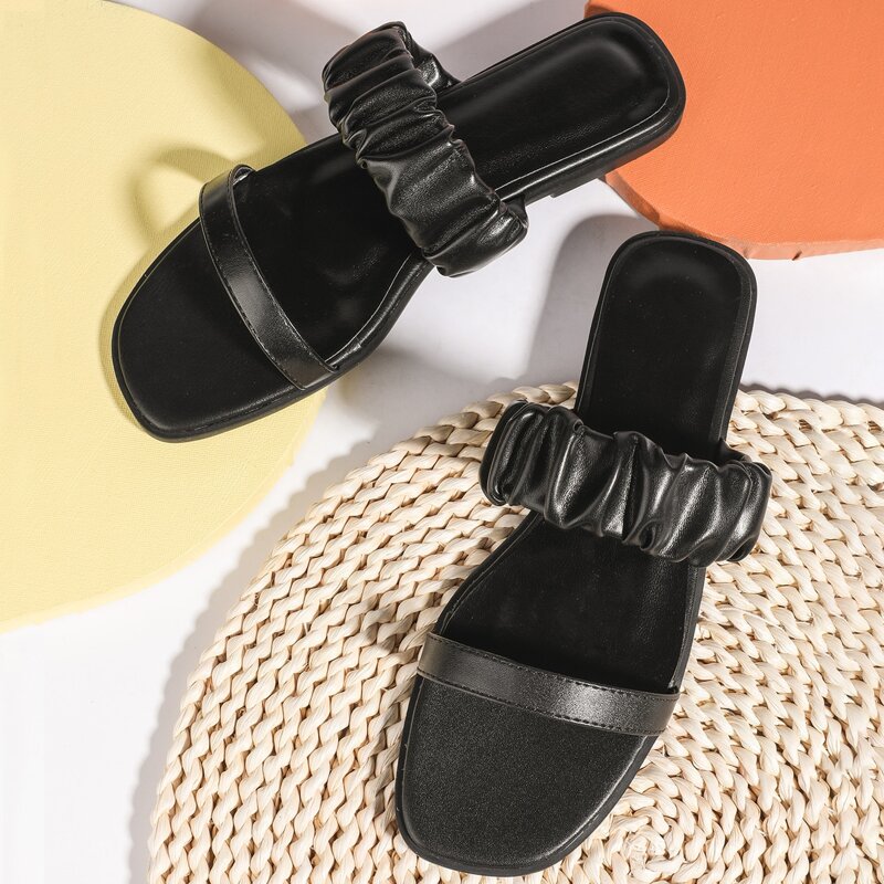 

Ruched Strap Slide Sandals, Black