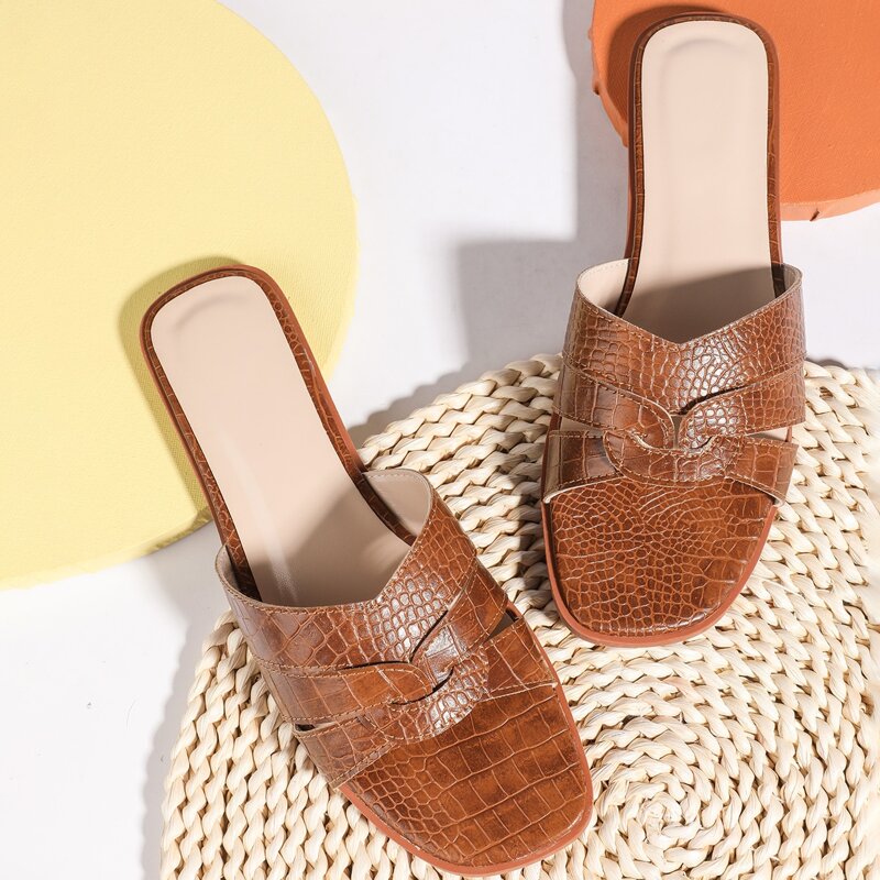 

Croc Embossed Band Slide Sandals, Brown