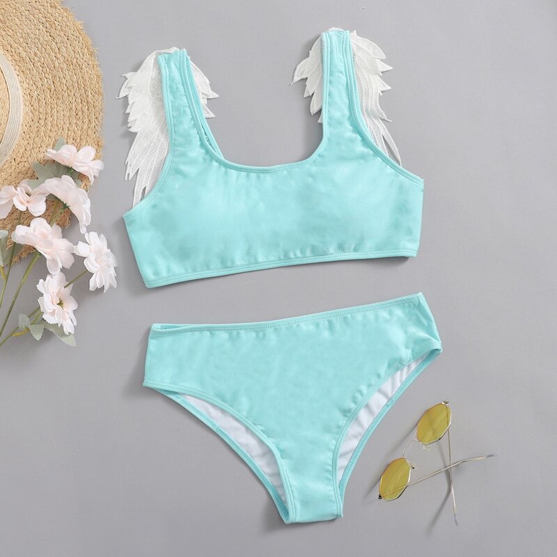 

Floral Lace Decor Tank Bikini Swimsuit, Mint blue