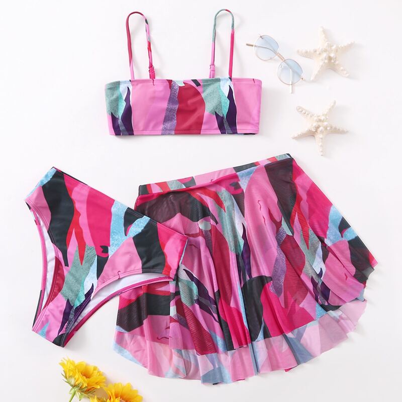 

3pack Colorblock High Waist Bikini Swimsuit & Skirt, Multicolor