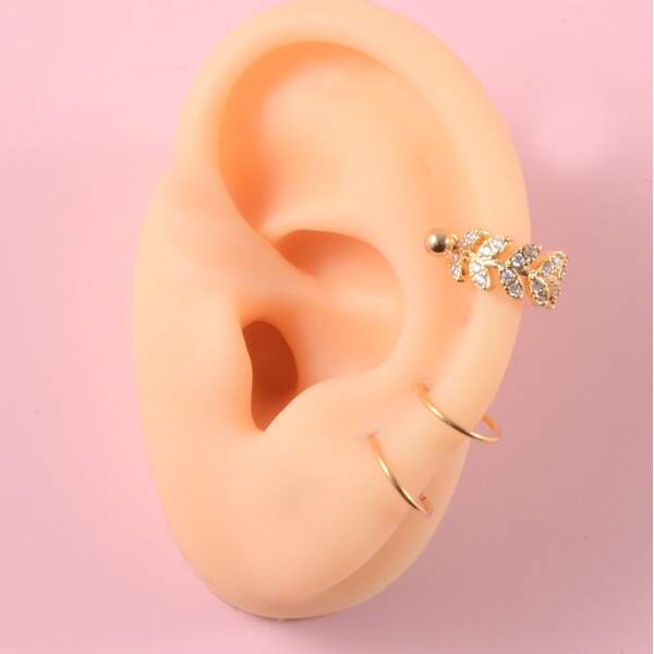 

3pcs Zircon Leaf Decor Earrings, Gold