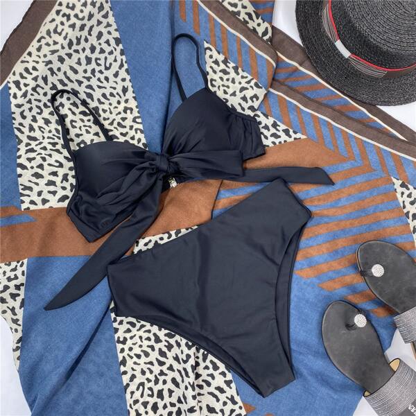 

Twist Front High Waisted Bikini Swimsuit, Black