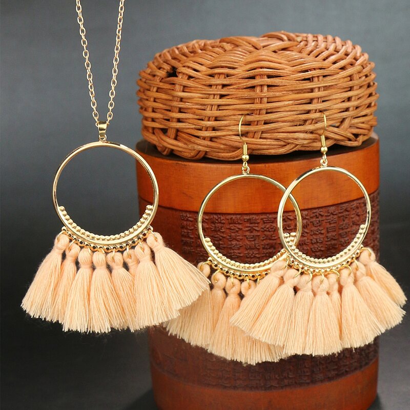 

1pc Tassel Charm Necklace & 1pair Drop Earrings, Baby pink
