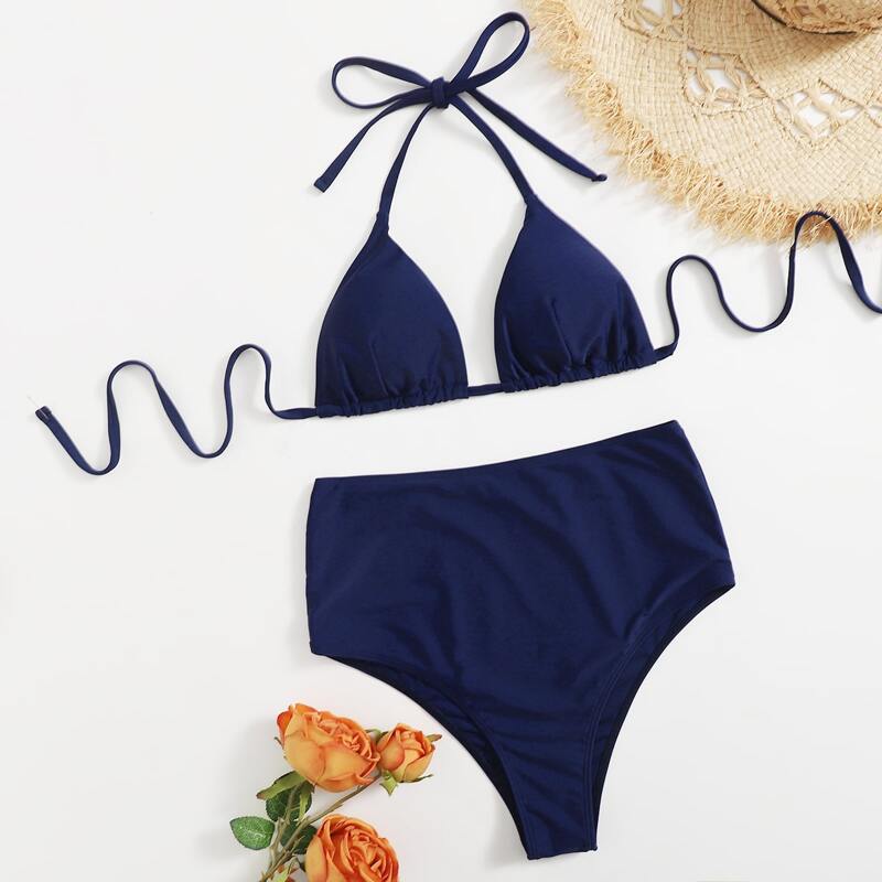 

Solid Triangle High Waist Bikini Swimsuit, Navy blue