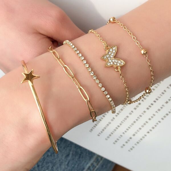 

5pcs Rhinestone Butterfly & Star Decor Bracelet, Gold