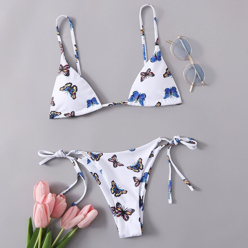 

Butterfly Graphic Tie Side Bikini Swimsuit, Multicolor
