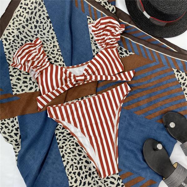 

Striped Knot Bikini Swimsuit, Brown