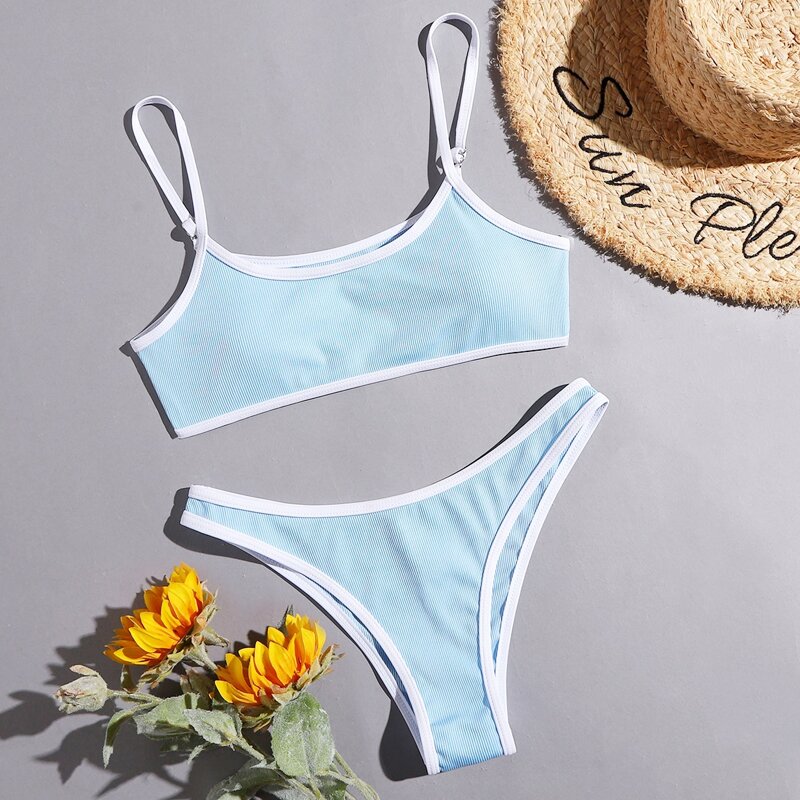 

Contrast Binding Cami Bikini Swimsuit, Baby blue