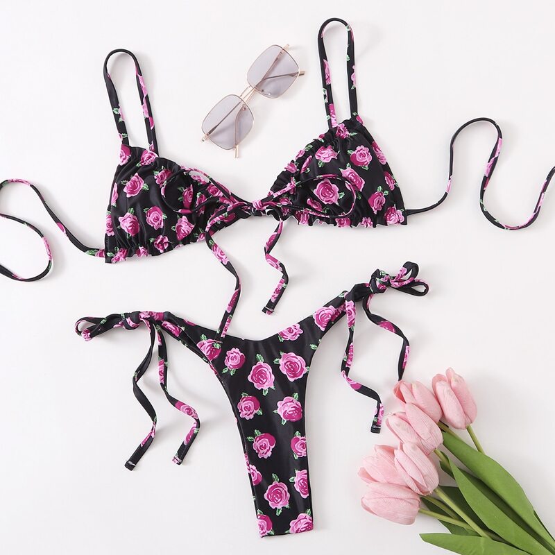 

Rose Print Tie Side Bikini Swimsuit, Multicolor