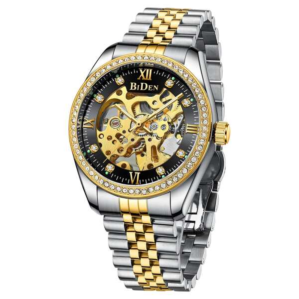 

Men Rhinestone Decor Skeleton Mechanical Watch With Strap Remover