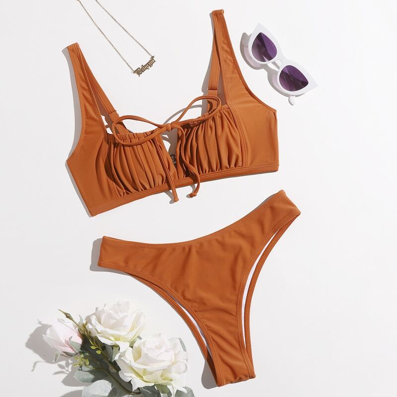 

Solid Ruched Bust Tie Front Bikini Swimsuit, Brown